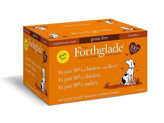 Forthglade Just Chicken, Chicken With Liver & Turkey Natural Wet Dog Food Variety Pack (12x395g)
